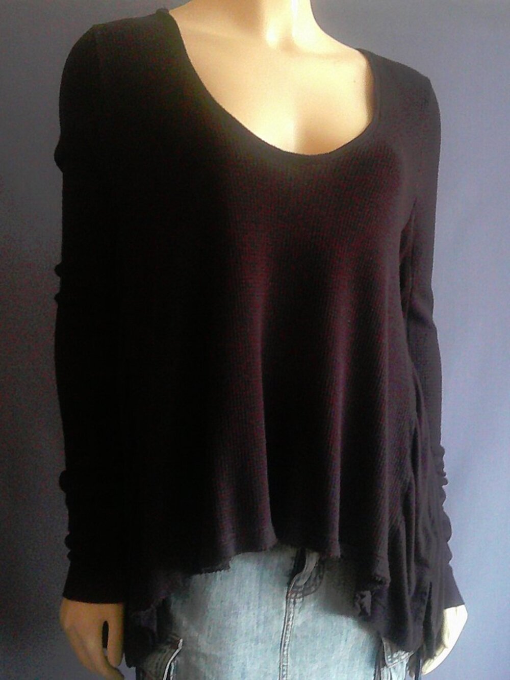 Free People We the Free Black Ribbed Drippy Asymmetrical Thermal Top L